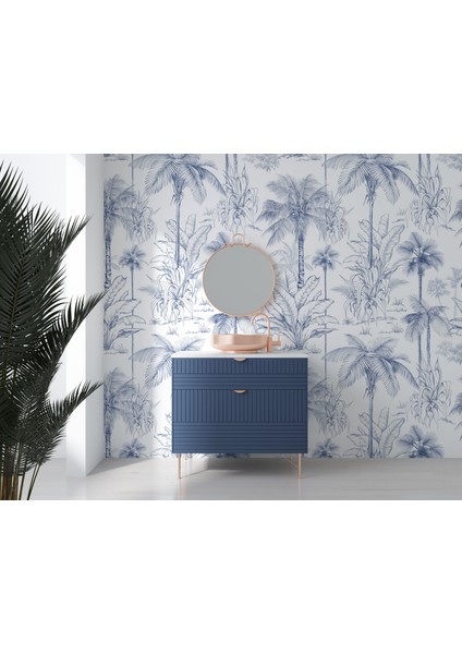 Mavi Renkli Tropikal Ağaç Duvar Kağıdı, Palmiye Ağacı Oturma Odası 3D Duvar Kağıdı