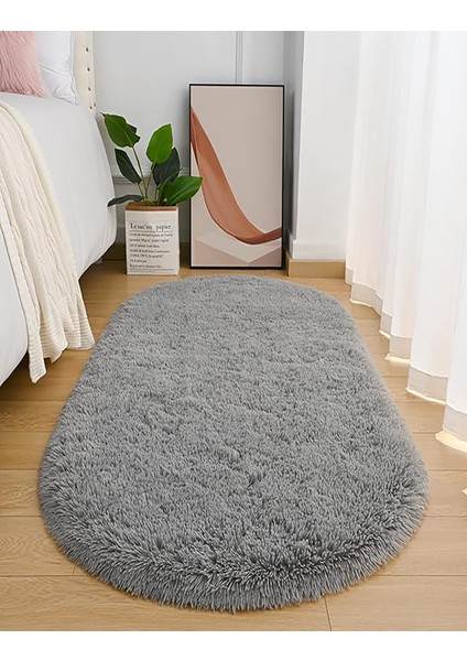 Gri Oval Post Halı Peluş Yumuşak Kaymaz Dot Taban Antibakteriyel Makinada Yıkanabilir Yolluk fiyatları