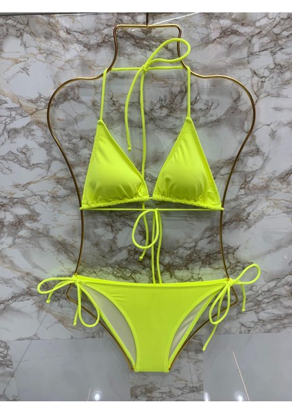 Kadın Likralı Yandan Boyundan Bağlamalı Şık Ipli Üçgen Bikini Takım