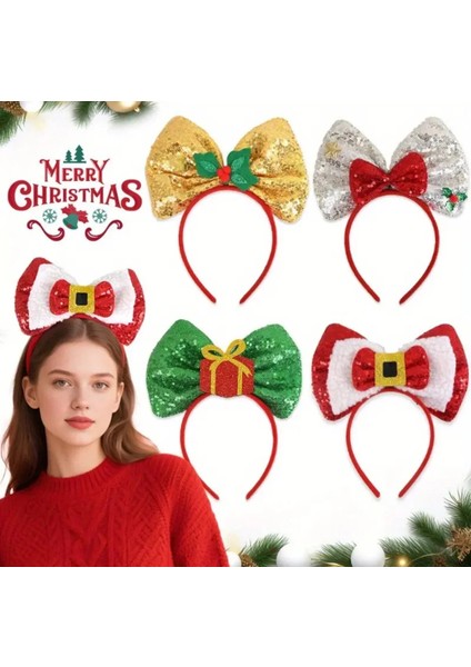 Yeni Yıl Yılbaşı Noel Taçları Parlak Kurdele & Kırmızı Şeritli Saç Bandları
