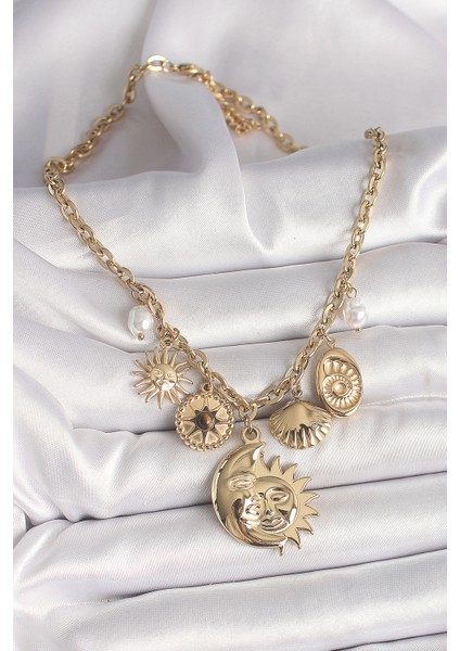 316L Çelik Gold Renk Ay Güneş Figür Deniz Kabuğu Detay Kadın Ke fiyatları