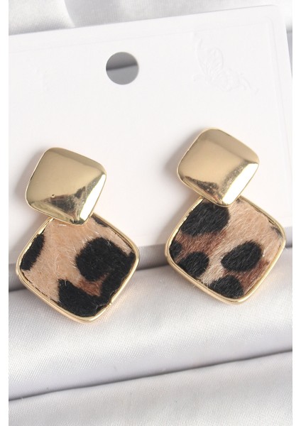 Pirinç Gold Renk Sallant Kare Leopar Desen Model Kadın Küpe