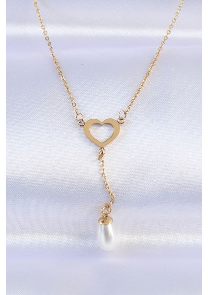 316L Çelik Zincir Gold Renk Inci Taş Detay Kalp Ke