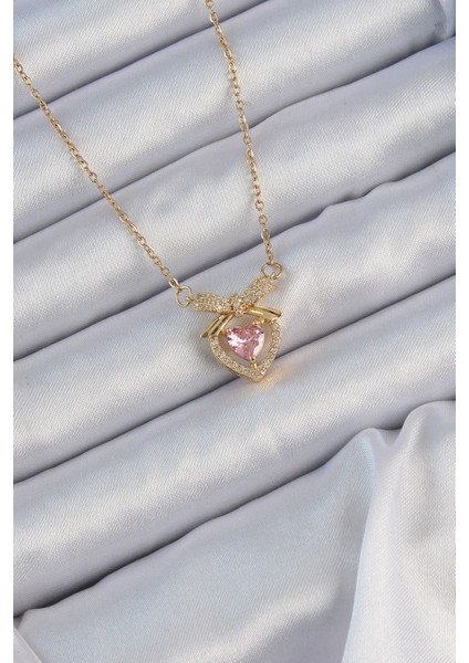 bulurum 316l çelik zincir altın renk pembe zirkon taşlı fiyonklu kalp ke
