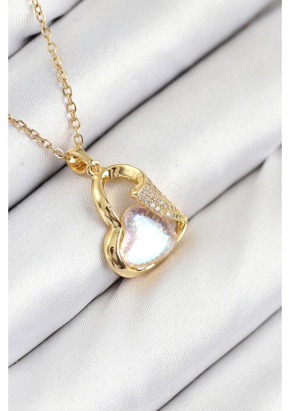 bulurum 316l çelik zirkon taşlı kalp model gold renk kadın ke