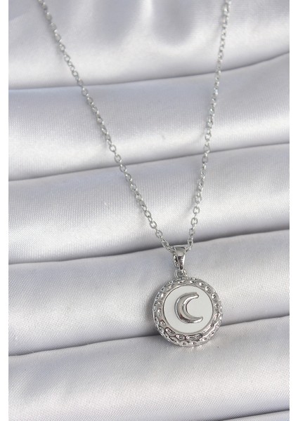 316L Çelik Gümüş Renk Zincir Beyaz Mineli Hilal Işlemeli Madalyon Model Kadın Ke