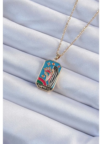 316L Çelik Zincir Altın Renk Taç ve Kız Figürlü Renkli Mineli Tarot Ke