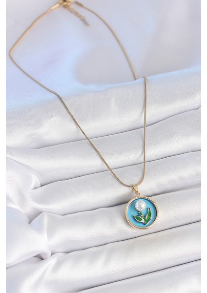 bulurum 316l çelik gold renk zincir mavi mineli ıncili çiçek ışlemeli portre model kadın ke fiyatları