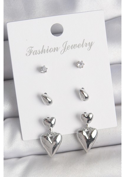 bulurum pirinç gümüş renk zirkon taşlı sallantılı kalp model 3 çift kadın küpe seti