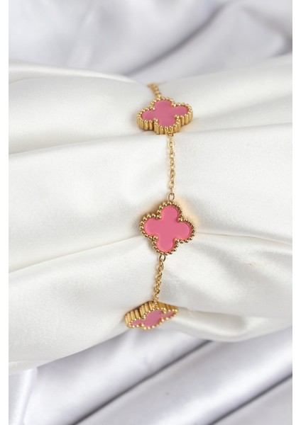 bulurum 316l çelik gold zincir pembe yonca renk bileklik