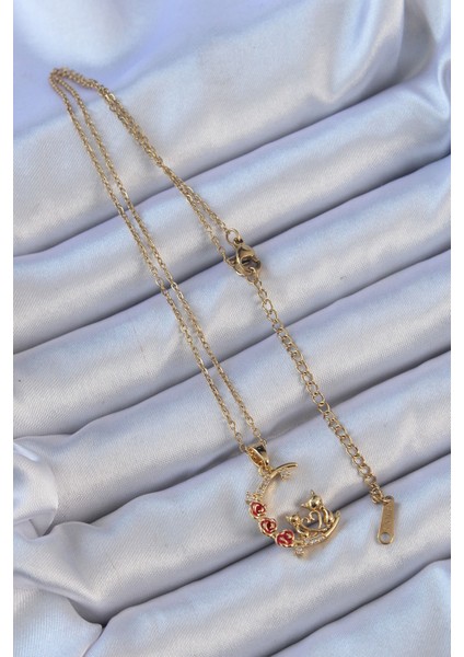 316L Çelik Zincir Altın Renk Kırmızı Gül Detay Kedi Figür Zirkon Taşlı Ay Ke fiyatları
