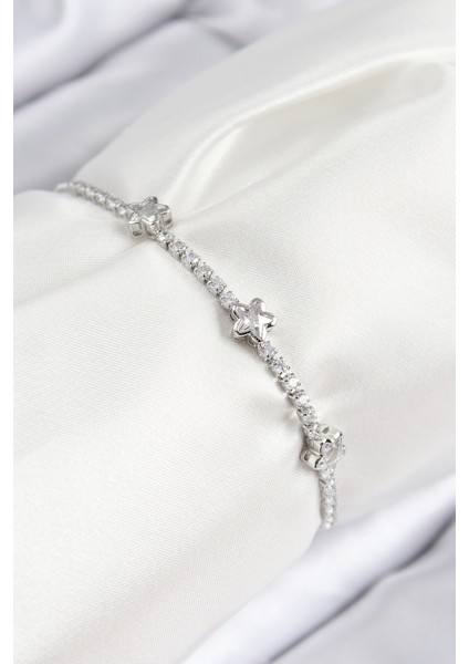 bulurum pirinç zirkon taşlı yıldız model gümüş renk asansörlü kadın bileklik