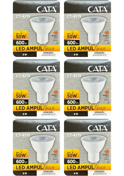 (6 adet) Cata 8W (50W) 3000K (Sarı Işık) GU10 DUYLU LED Spot Ampul