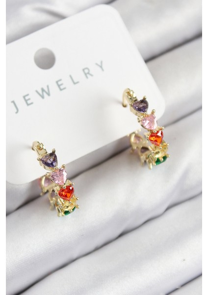 bulurum pirinç zirkon taşlı kalp model gold renk kadın küpe