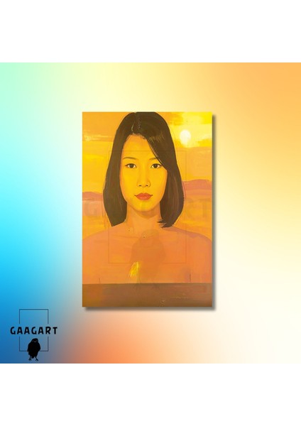 Tekli Dikey Kanvas Tablo Sarı Fon ve Asyalı Kadın modelleri