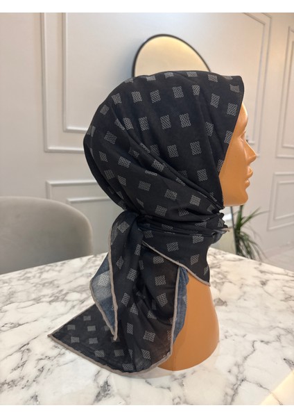 Siyah Eşarp Pamuklu Eşarp El Dikişli