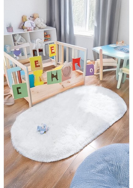 Beyaz Oval Post Halı Peluş Yumuşak Kaymaz Dot Taban Antibakteriyel Makinada Yıkanabilir Yolluk modelleri