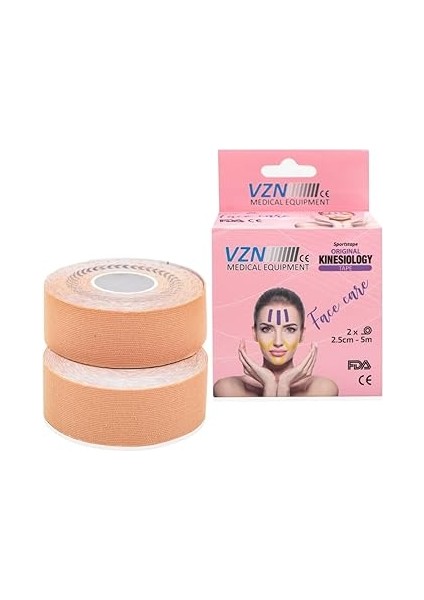 Facetape Yüz Germe ve Kırışıklık Rehabilitasyon Bandı | Hipoalerjenik |%100 Pamuk | 2 Adet | 2,5 cm x 5 M modelleri