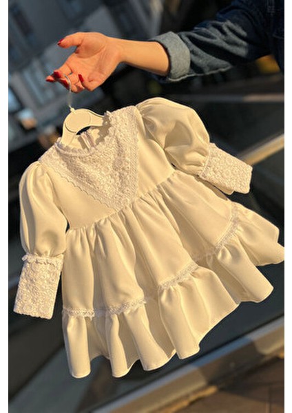 Kız Çocuk Abiye Elbise Dantel Detaylı Kırık Beyaz Mevlüt İçin Şık Tasarım indirimleri