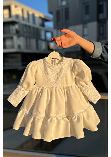 Kız Çocuk Abiye Elbise Dantel Detaylı Kırık Beyaz Mevlüt İçin Şık Tasarım