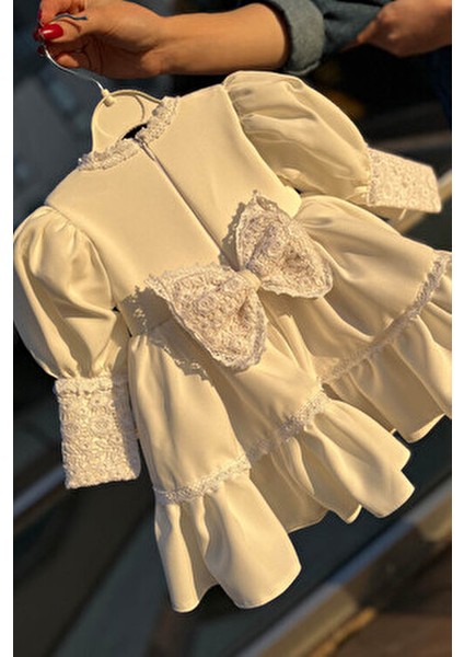 Kız Çocuk Abiye Elbise Dantel Detaylı Kırık Beyaz Mevlüt İçin Şık Tasarım