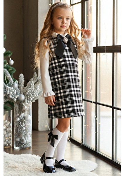 Kız Çocuk Siyah Vanessa Broş Detaylı Tüvit Uzun Kollu Yılbaşı Elbisesi
