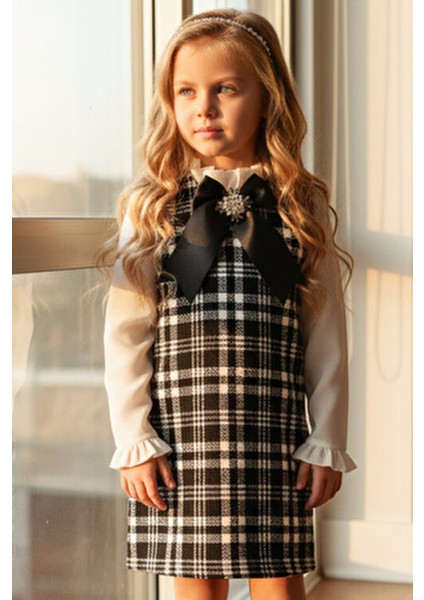 Kız Çocuk Siyah Vanessa Broş Detaylı Tüvit Uzun Kollu Yılbaşı Elbisesi