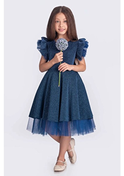 Kız Çocuk Abiye Elbise Tül Detaylı Simli Dar Kalıp Özel Günler İçin Şık Stil