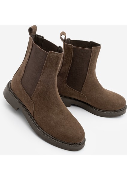 Kadın Çift Lastikli Chelsea Günlük Bot Panve Kahve Süet