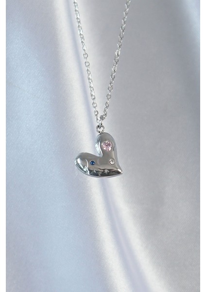 316L Çelik Zincir Gümüş Renk Renkli Zirkon Taşlı Kalp Ke fiyatları