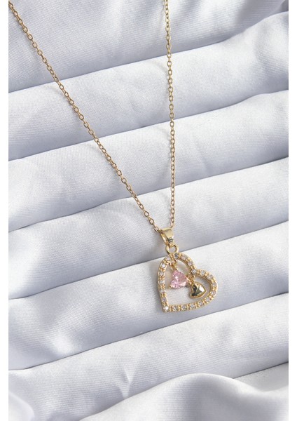 316L Çelik Gold Renk Zincir Zirkon Taşlı Kalp Model Kadın Ke