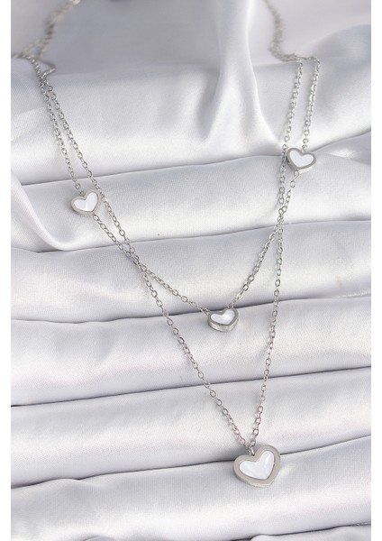 316L Çelik Gümüş Renk Zincir 2'li Zincir Kalp Model Kadın Ke