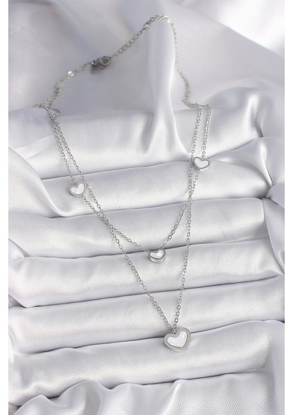 316L Çelik Gümüş Renk Zincir 2'li Zincir Kalp Model Kadın Ke fiyatları