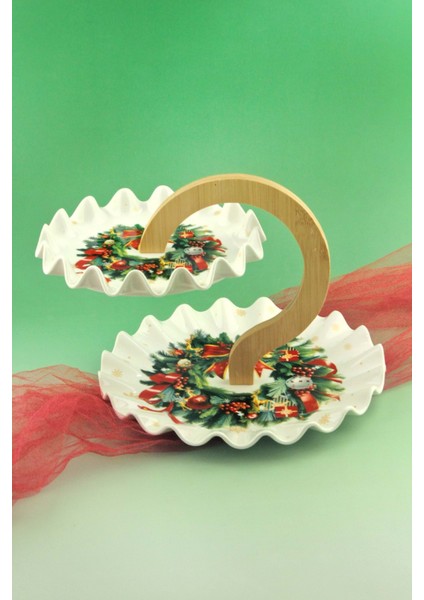 Christmas Wreath Porselen Iki Katlı Kurabiyelik
