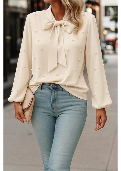Mdb Kadın Uzun Kollu Yakadan Fiyonklu Incili Ithal Krep Bluz