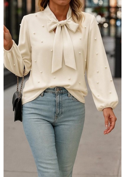 Mdb Kadın Uzun Kollu Yakadan Fiyonklu Incili Ithal Krep Bluz modelleri