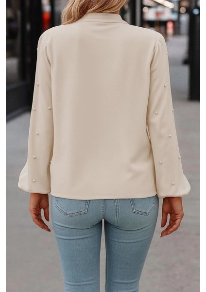 Mdb Kadın Uzun Kollu Yakadan Fiyonklu Incili Ithal Krep Bluz fırsatları