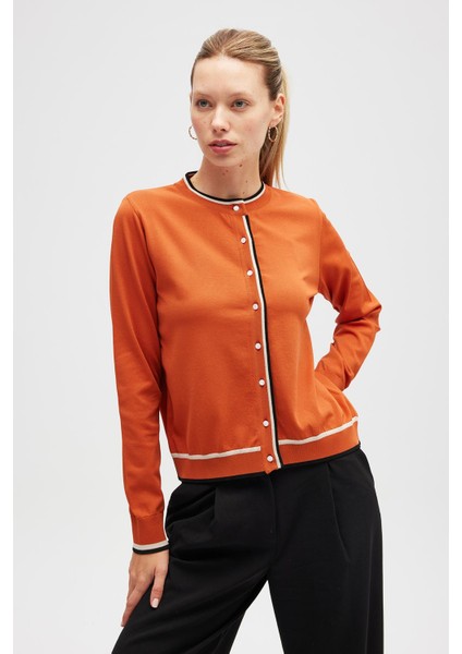 Paris, Çizgi Detaylı Kadın Triko Hırka - Yanık Turuncu