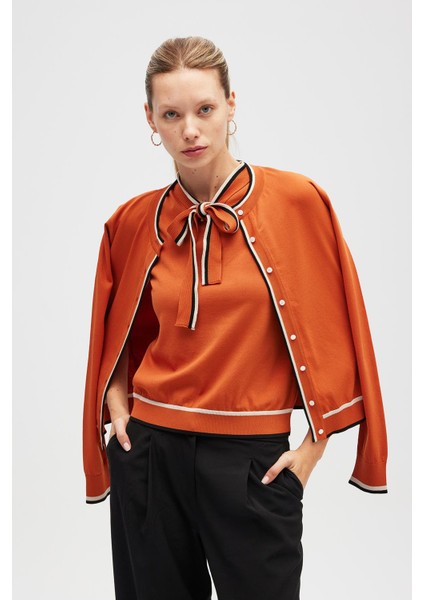 Paris, Çizgi Detaylı Kadın Triko Hırka - Yanık Turuncu modelleri