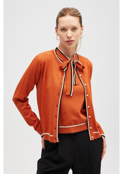 Paris, Çizgi Detaylı Kadın Triko Hırka - Yanık Turuncu fırsatları