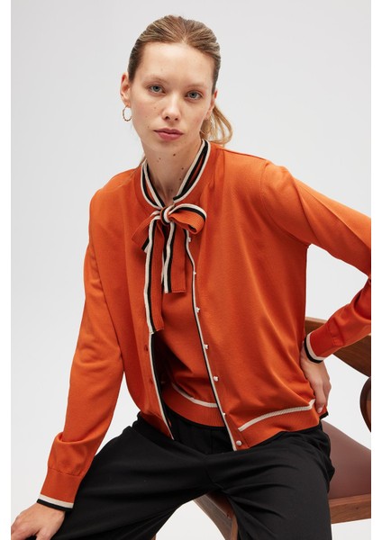 Paris, Çizgi Detaylı Kadın Triko Hırka - Yanık Turuncu indirimleri