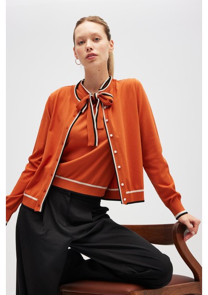 Paris, Çizgi Detaylı Kadın Triko Hırka - Yanık Turuncu