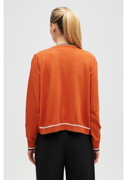 Paris, Çizgi Detaylı Kadın Triko Hırka - Yanık Turuncu