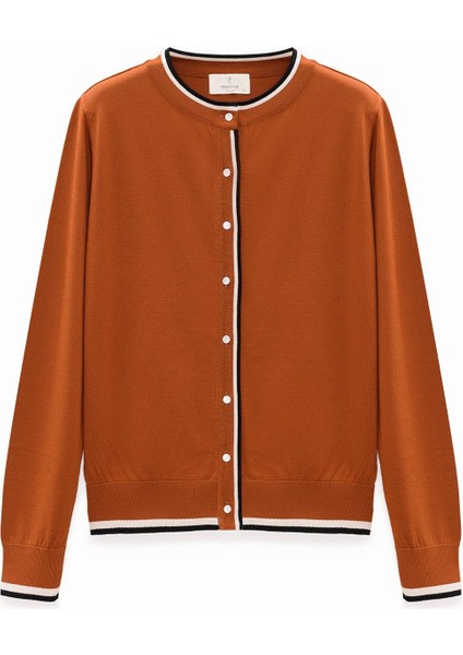 Paris, Çizgi Detaylı Kadın Triko Hırka - Yanık Turuncu