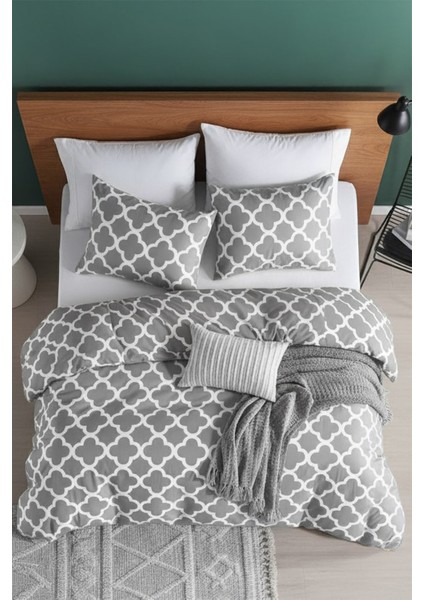 Honeycomb Gri Ranforce %100 Pamuk Çift Kişilik Nevresim Takımı Lastikli Çarşaflı