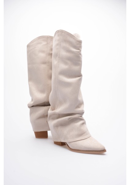 Kadın Süet Çizme Körüklü Çekme Western Bej Merina