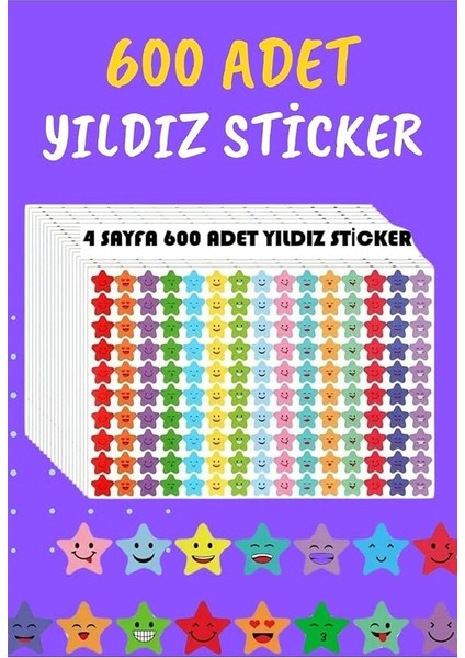 Selection Renkli Yıldız Sticker Çıkarma Seti 600 Adet 4 Sayfa Öğrenci Hediyesi