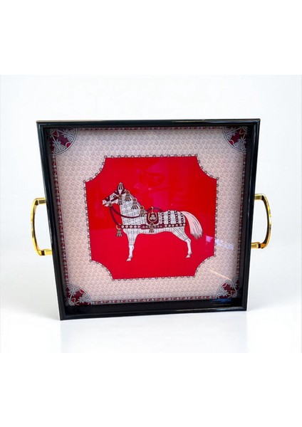 Kırmızı At Desenli Dekoratif Tepsi