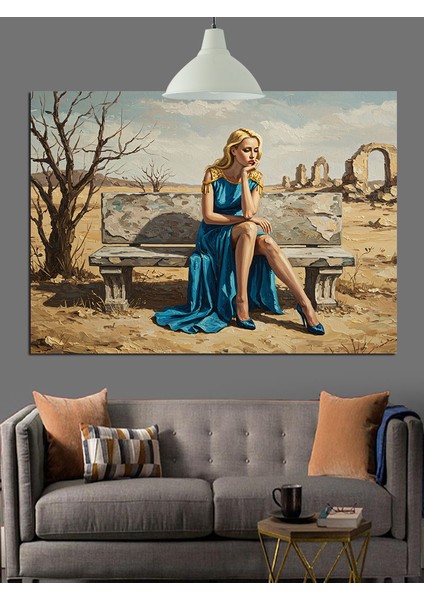 Bozkırda Üzgün Oturan Kadın Dekoratif Kanvas - Mdf Ahşap Tablo