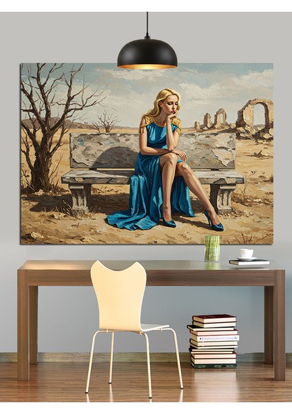 Bozkırda Üzgün Oturan Kadın Dekoratif Kanvas - Mdf Ahşap Tablo fiyatları